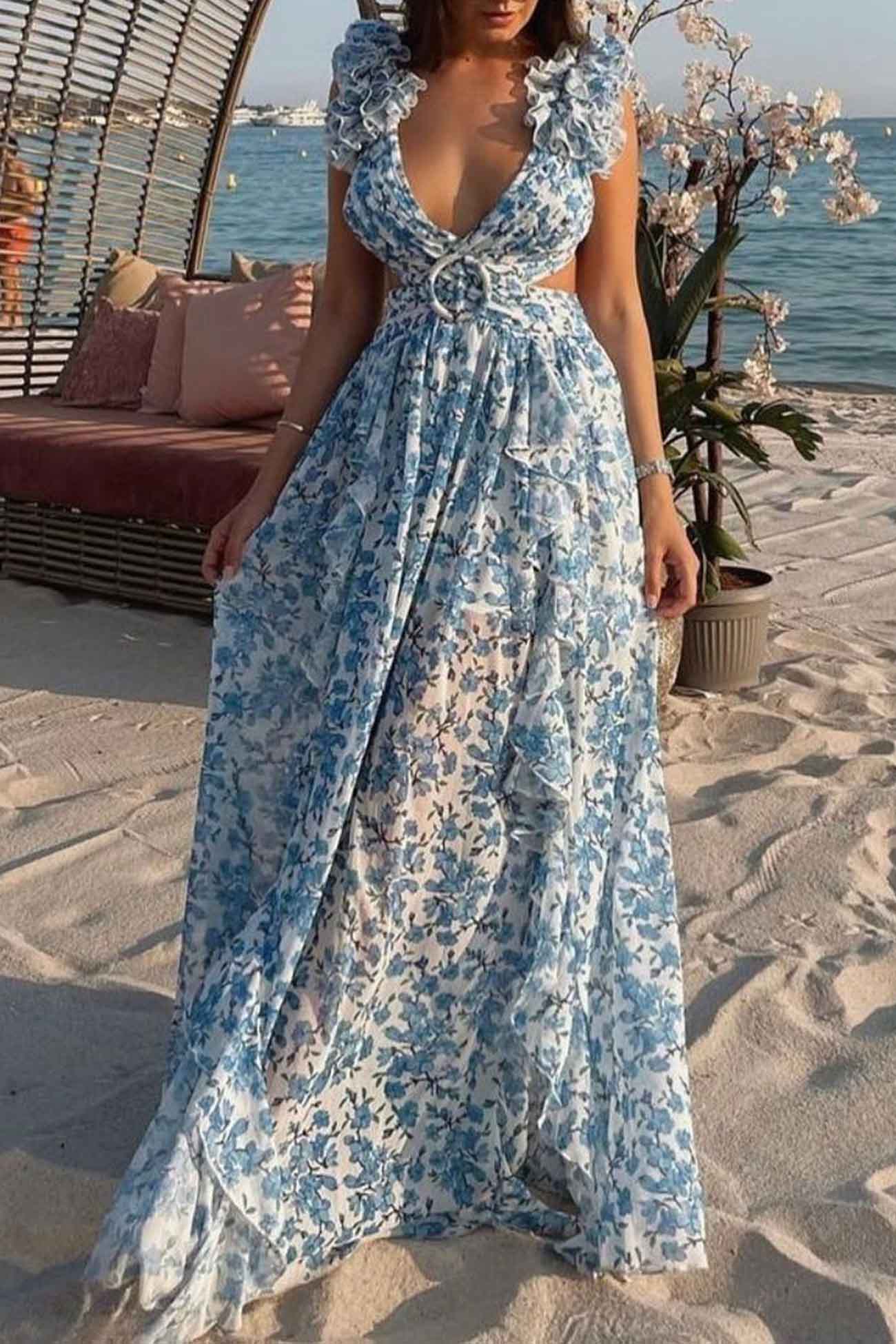 Elena – Bloemen V-hals maxi-jurk met ruffle mouwen en hoge split