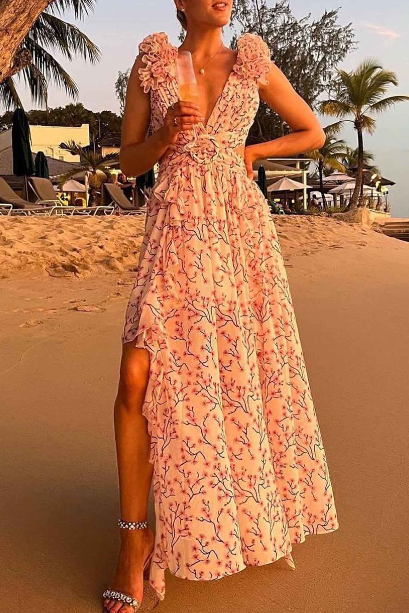 Elena – Bloemen V-hals maxi-jurk met ruffle mouwen en hoge split
