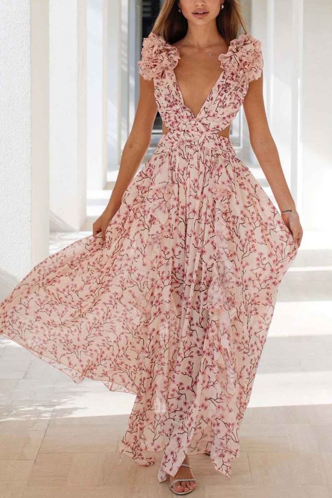 Elena – Bloemen V-hals maxi-jurk met ruffle mouwen en hoge split