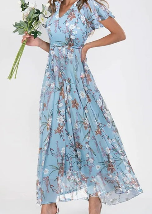 Lilia – bloemenjurk met V-hals en korte mouwen