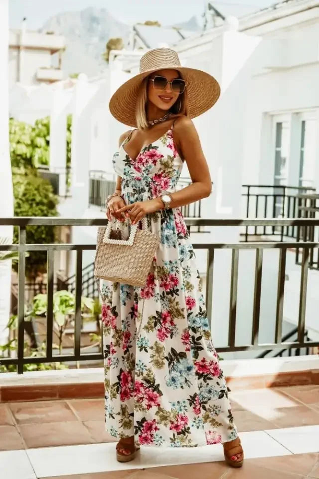 Geneva – zomer maxi-jurk met boho bloemenprint en verstelbare spaghetti­bandjes