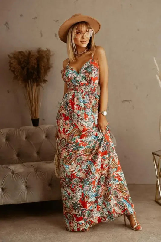 Geneva – zomer maxi-jurk met boho bloemenprint en verstelbare spaghetti­bandjes