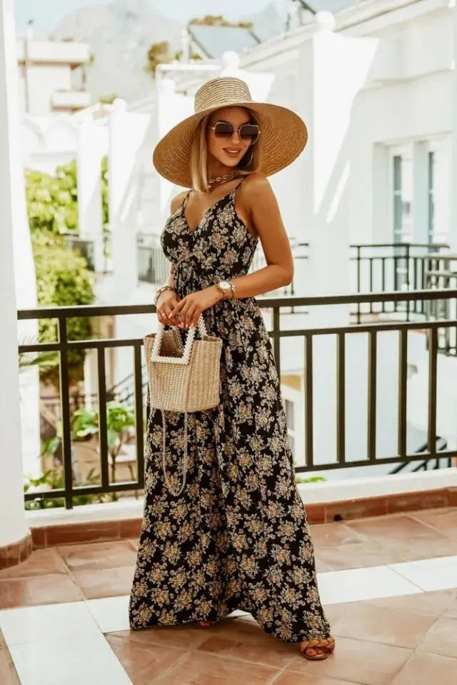 Geneva – zomer maxi-jurk met boho bloemenprint en verstelbare spaghetti­bandjes
