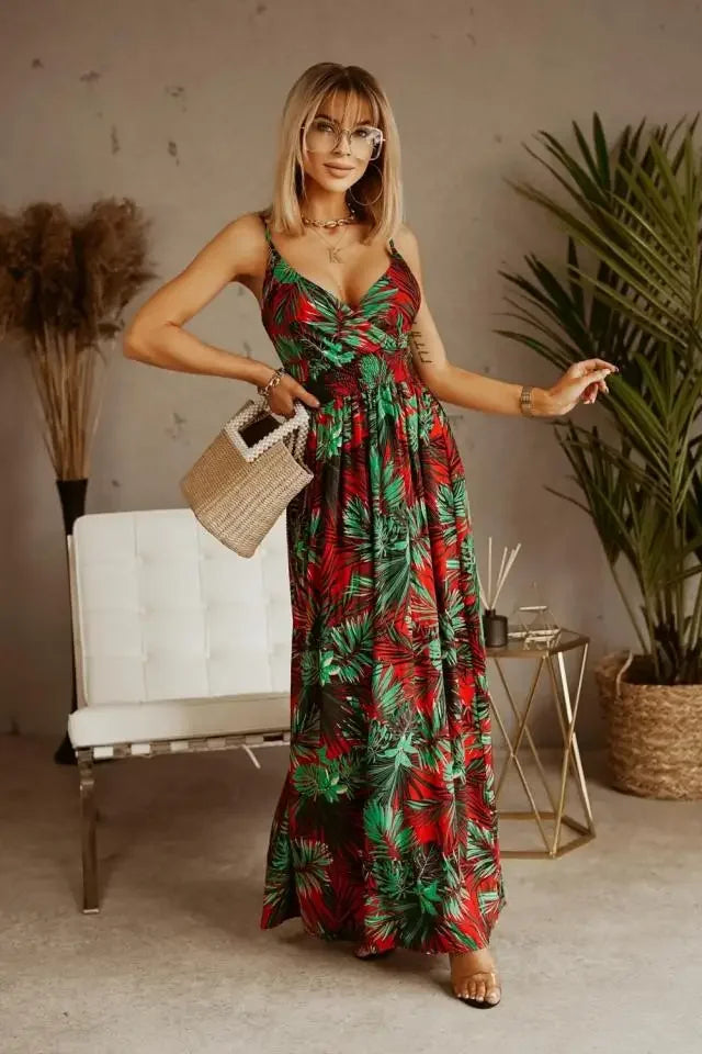 Geneva – zomer maxi-jurk met boho bloemenprint en verstelbare spaghetti­bandjes