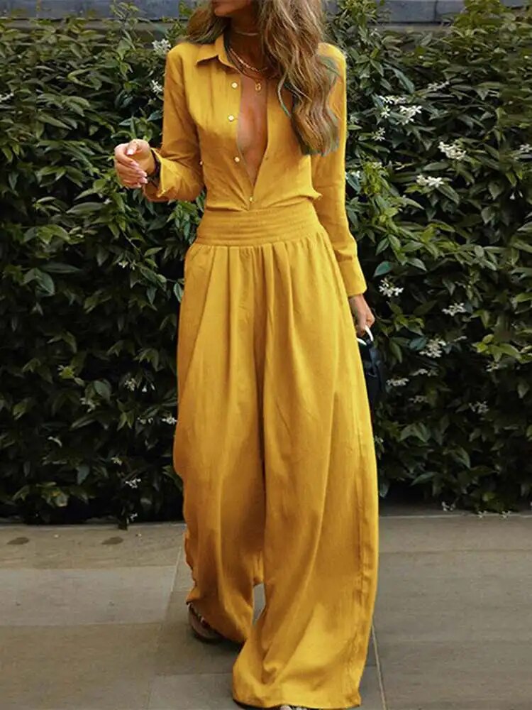 Mila – Lange Mouwen Jumpsuit Met Elastische Taille En Wijde Pijpen