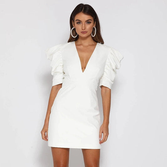 Livia – Mini-jurk met diepe V-hals getailleerd model en ruffle mouwen