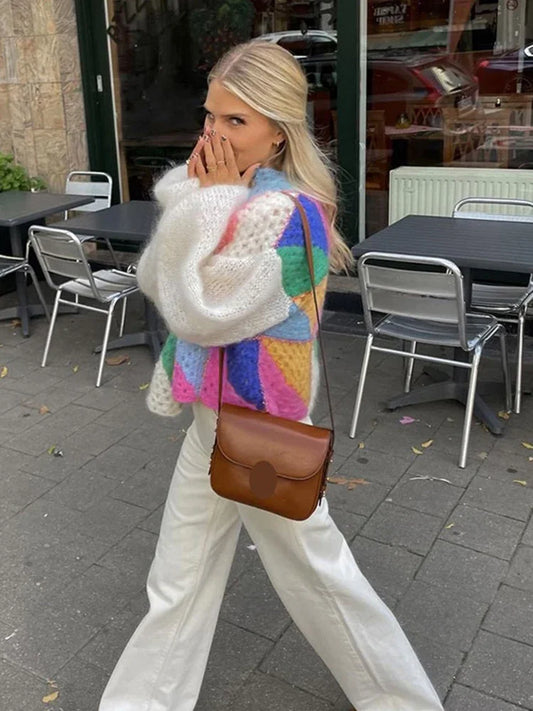 Jade - Kleurrijk Oversized Gehaakt Vest met Pofmouwen