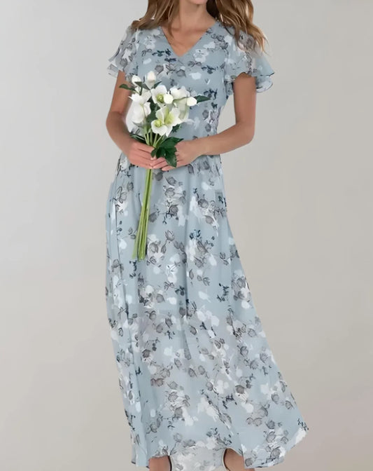 Elena – Getailleerde Chiffon Bloemenprint Maxi Jurk