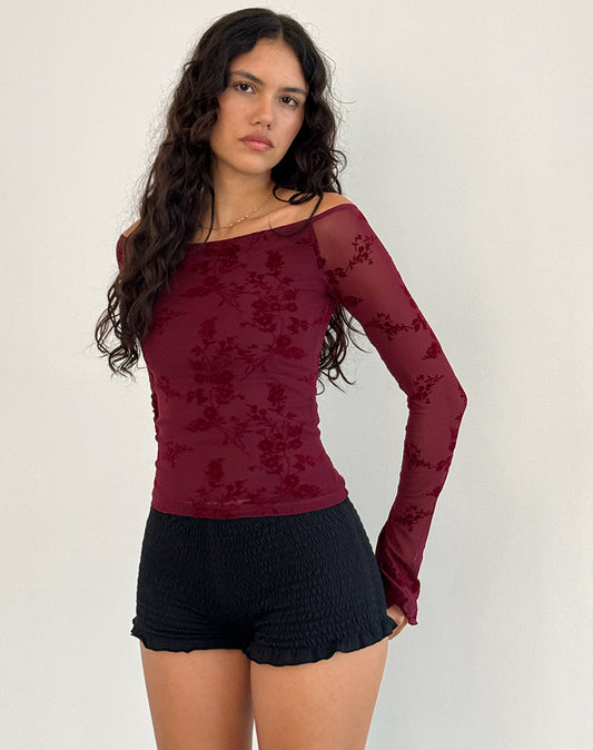 Alina – Mesh top met bloemenmotief lange mouwen en scoop halslijn