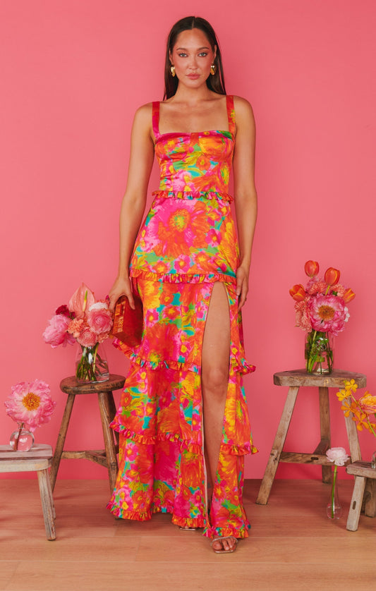 Flore – Bloemenprint maxi-jurk met split en ruches
