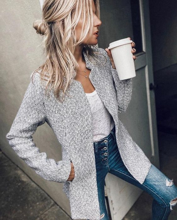 Vivienne – lange wollen blazer met open voorkant en rechte pasvorm