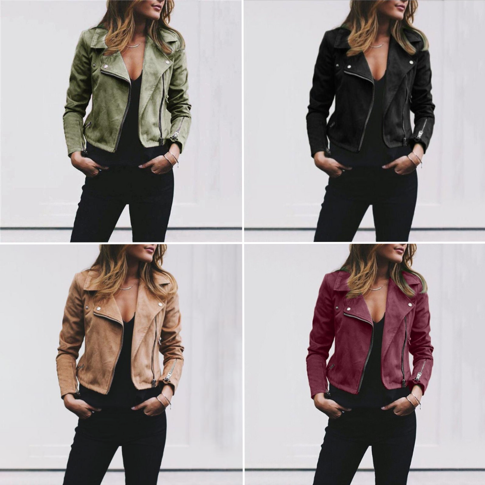 Élise – suede bikerjas met ritssluiting en riemdetails