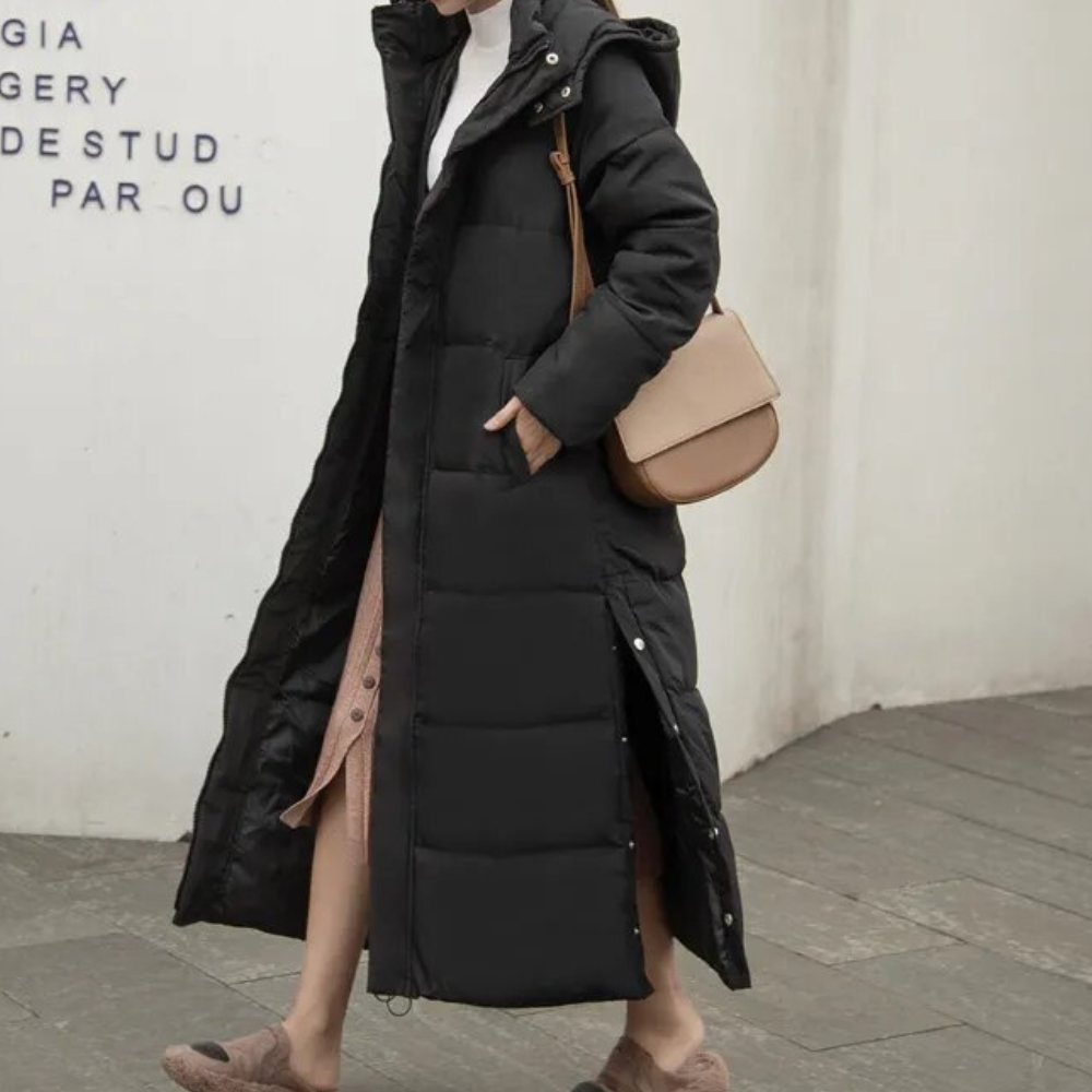 Amara – lange gewatteerde trenchcoat met warme voering