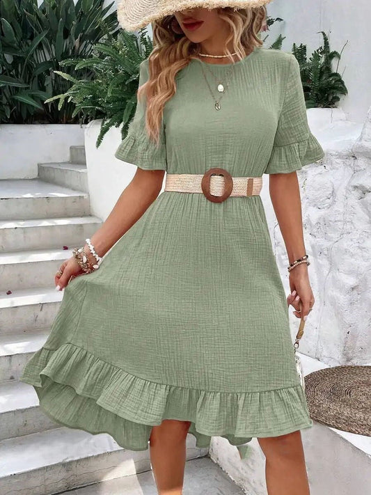 Maya – Zomer midi-jurk van chiffon met ruchemouwen en V-hals