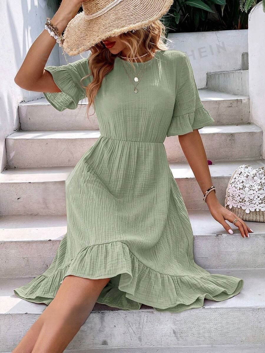 Maya – Zomer midi-jurk van chiffon met ruchemouwen en V-hals