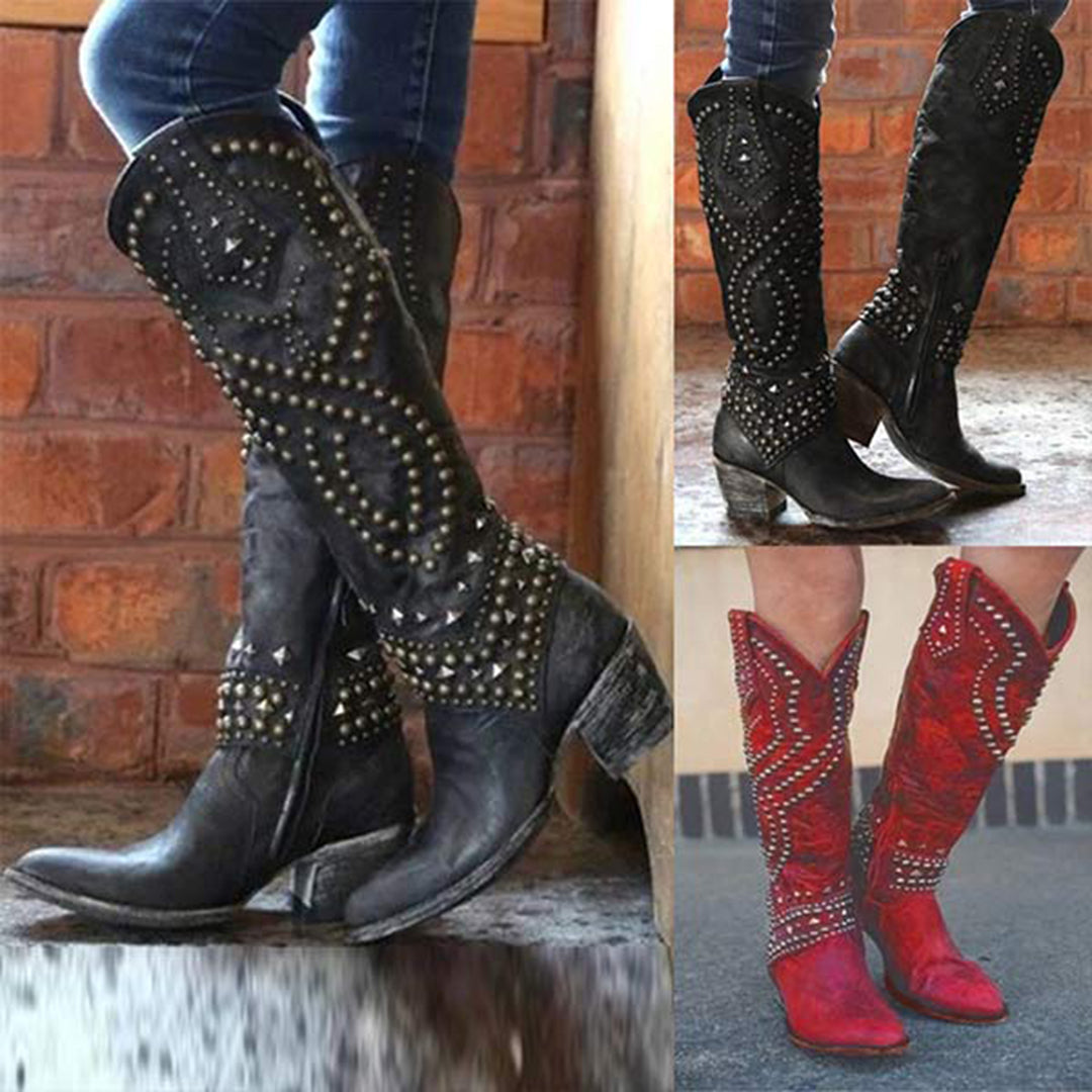 Joanne – hoge pu leren laarzen met studs en stevige hak