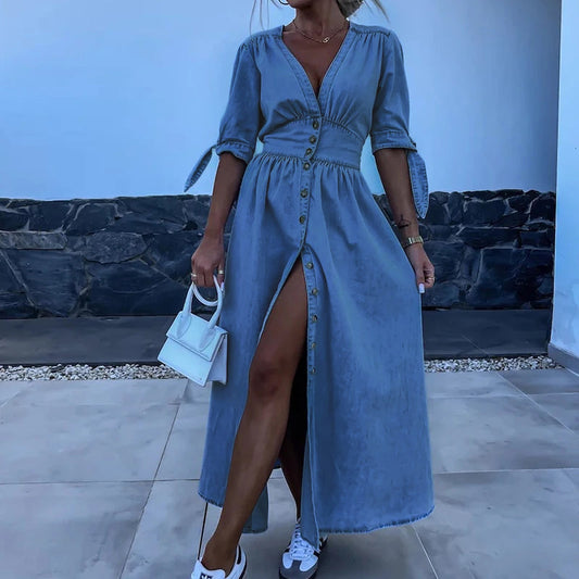 Luna – Getailleerde Denim Maxi Jurk Met Open Split