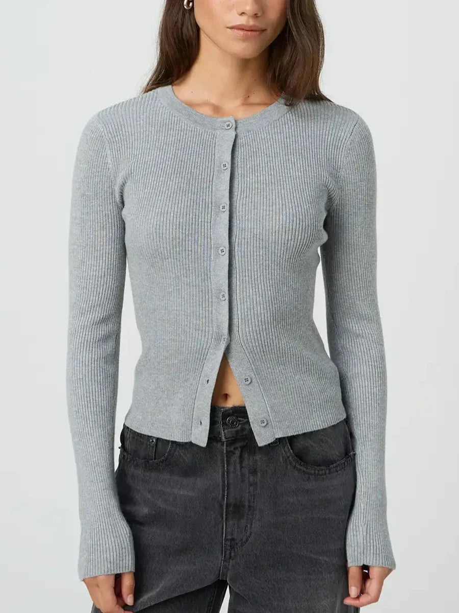 Sara – ribgebreid cardigan vest met lange mouwen