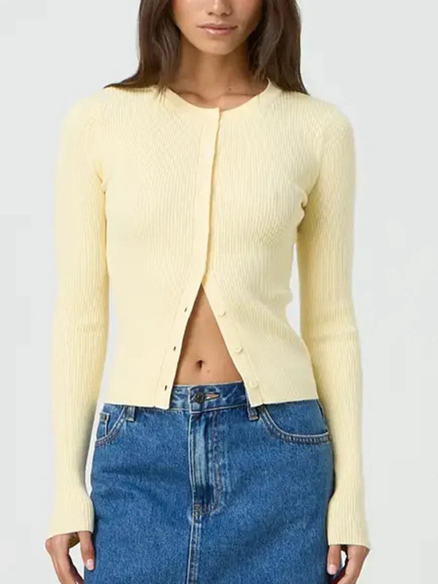 Sara – ribgebreid cardigan vest met lange mouwen