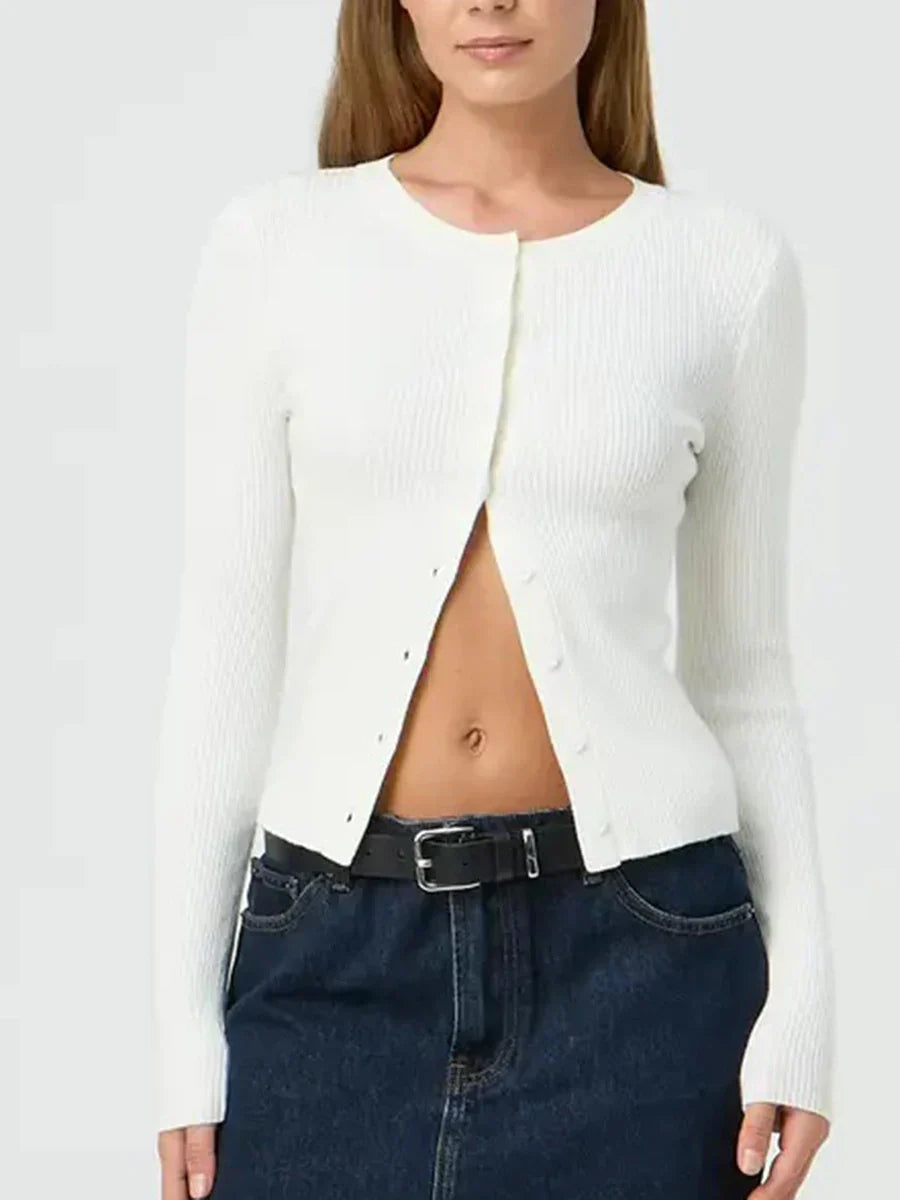 Sara – ribgebreid cardigan vest met lange mouwen