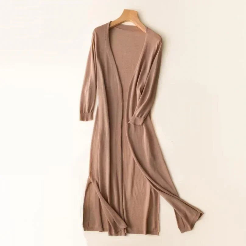 Elin – lange open cardigan vest met driekwartmouwen in lichtgewicht gebreid materiaal