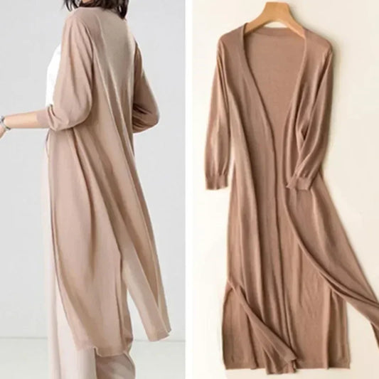 Elin – lange open cardigan vest met driekwartmouwen in lichtgewicht gebreid materiaal