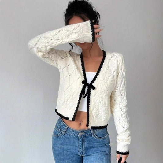 Ella – cropped dames cardigan vest met striksluiting