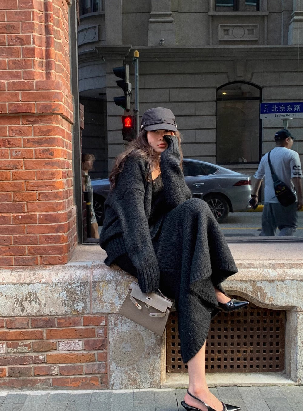 Noelle – gebreide dames set met oversized trui en fluted maxi rok