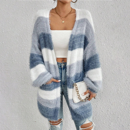 Noor – oversized gestreept plush cardigan vest met open voorkant