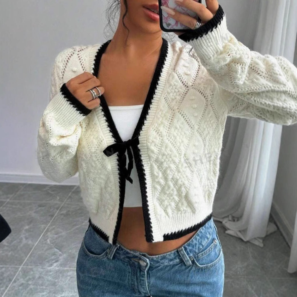Ella – cropped dames cardigan vest met striksluiting