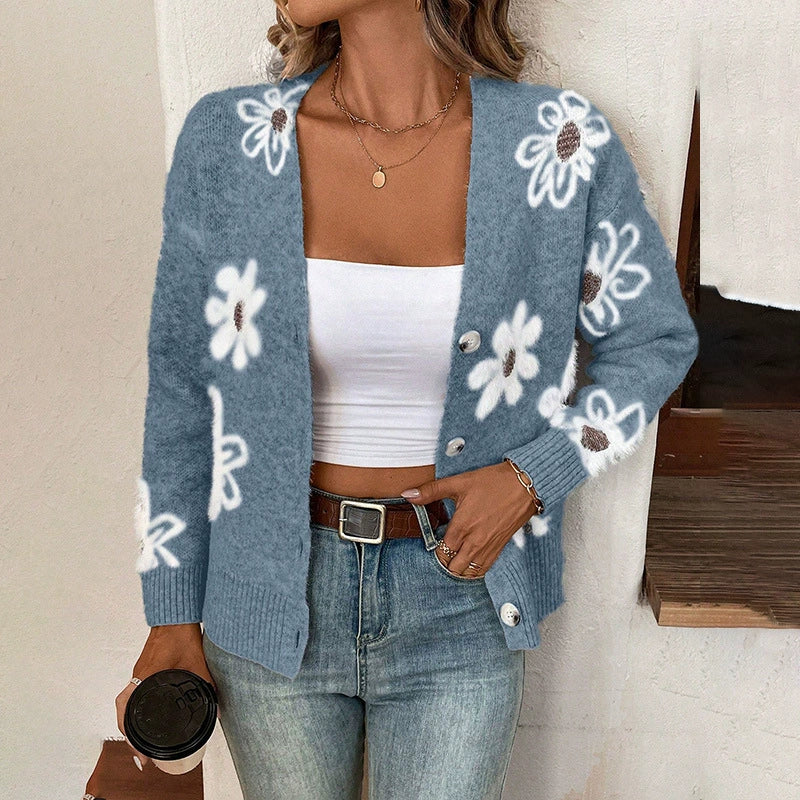 Amélie – wollen cardigan vest met jacquard bloemenpatroon
