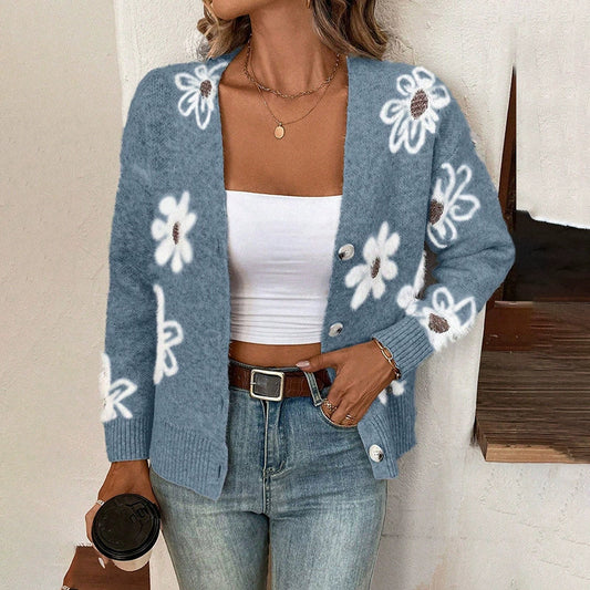 Amélie – wollen cardigan vest met jacquard bloemenpatroon