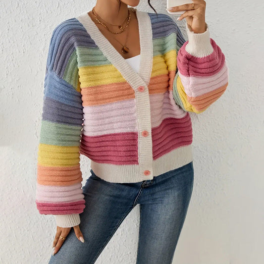 Roos – oversized ribgebreid cardigan-vest met strepen en v-hals