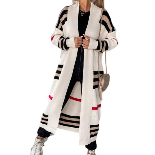 Amara – Lange Gestreepte Wollen Cardigan Voor Dames