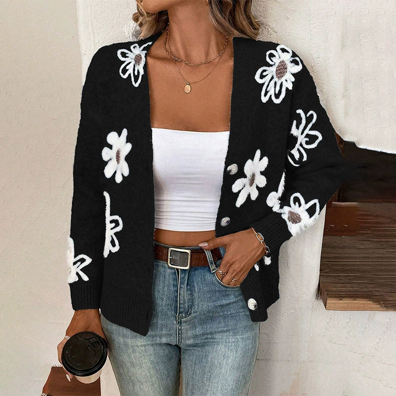 Amélie – wollen cardigan vest met jacquard bloemenpatroon