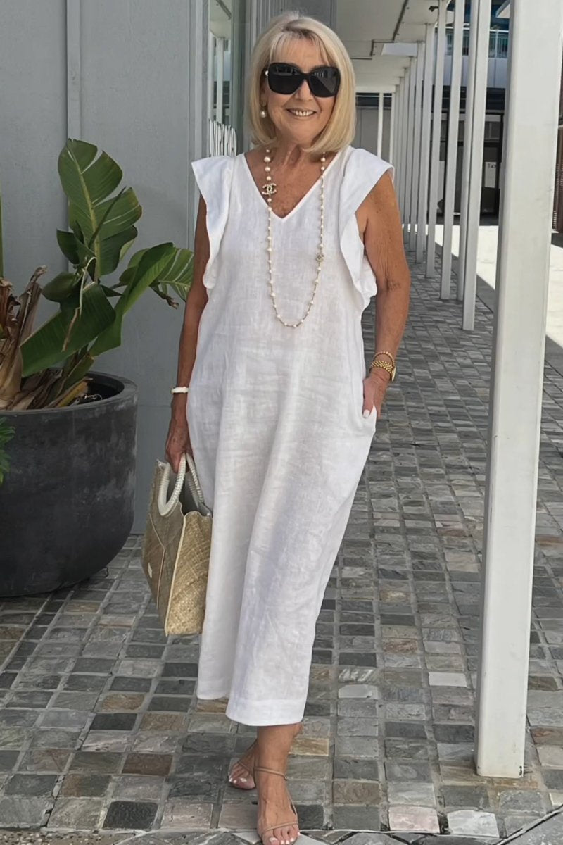 Hallie – mouwloze linnen midi-jurk met elegante V-hals en brede schouders