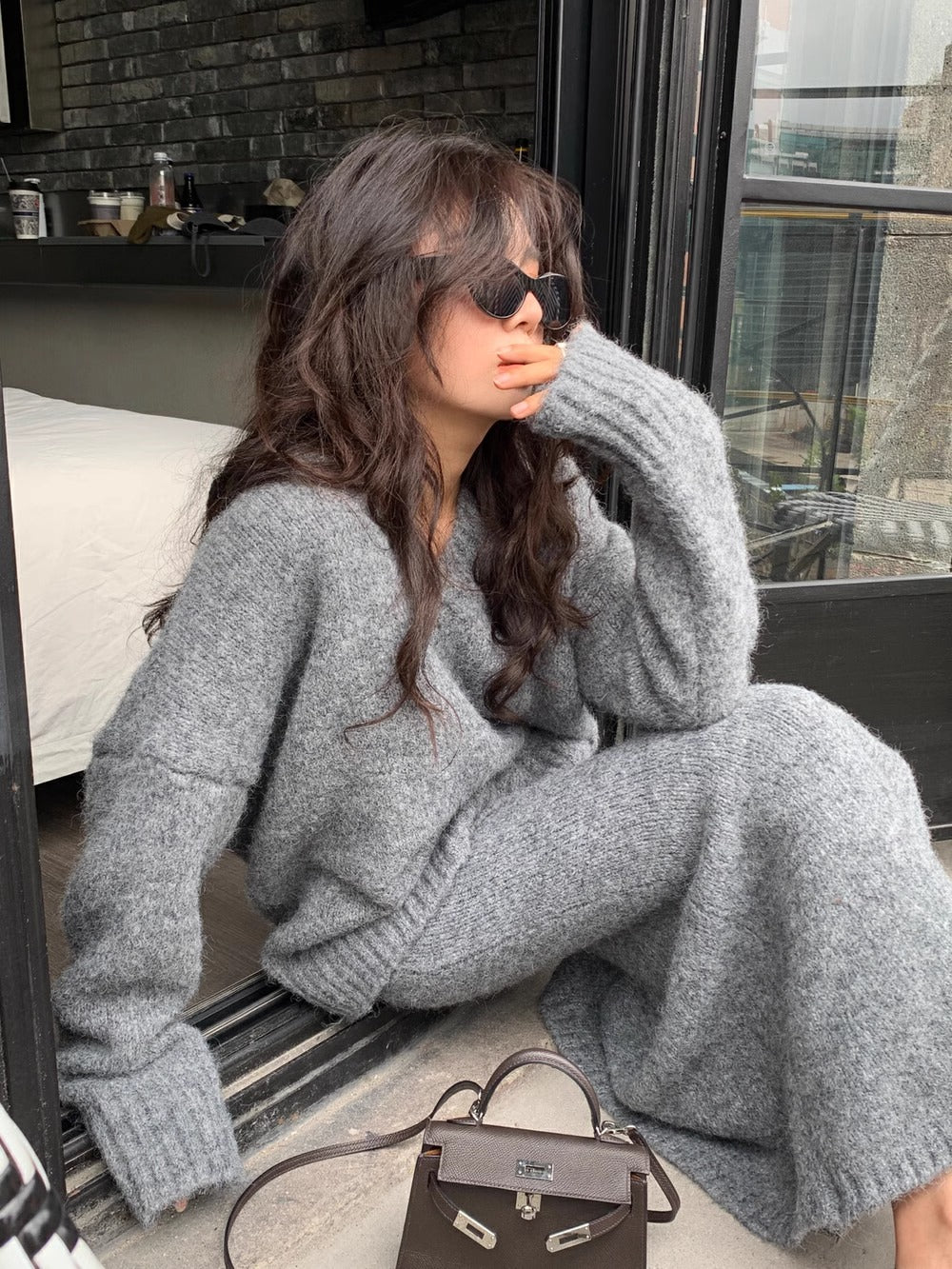 Noelle – gebreide dames set met oversized trui en fluted maxi rok