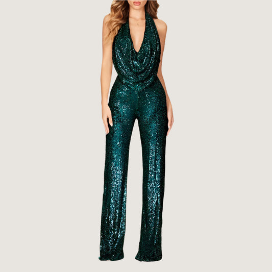 Maud – Glamoureuze pailletten jumpsuit met halterhals en wijde pijpen