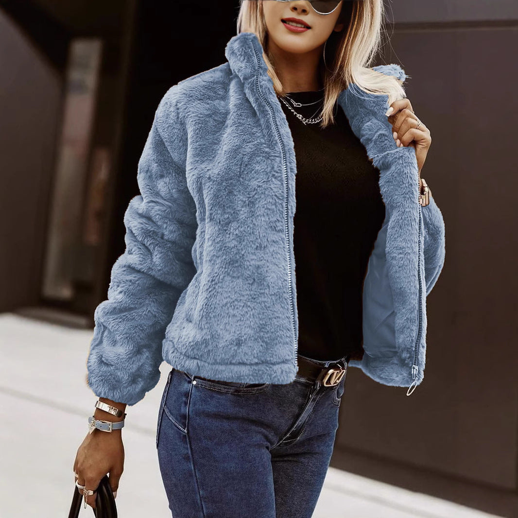 Camille – oversized jas van imitatiebont met hoge kraag en ritssluiting