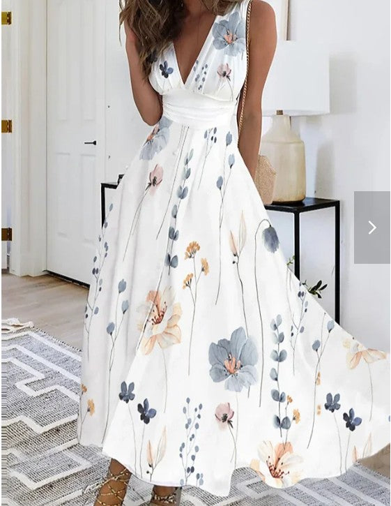 Sabrina – Zomer bloemenjurk met diepe V-hals en aquarelprint