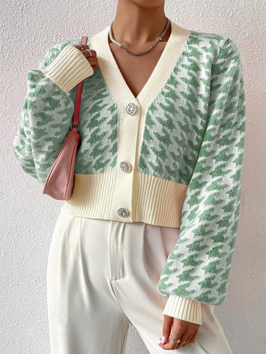 Loïs – gebreide cropped cardigan met houndstooth en ballonmouwen