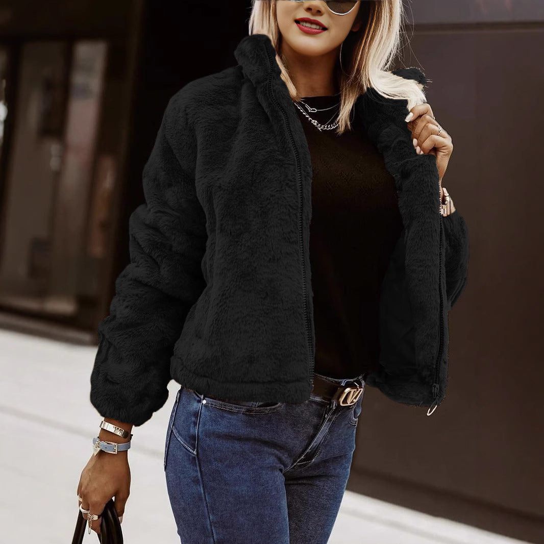 Camille – oversized jas van imitatiebont met hoge kraag en ritssluiting