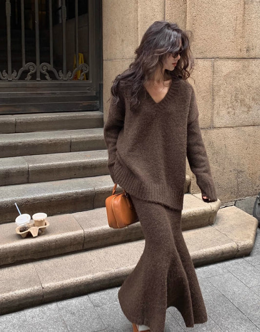 Noelle – gebreide dames set met oversized trui en fluted maxi rok