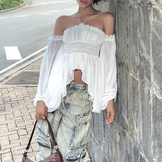 Sofia – Off-shoulder top met ruches en belletjesmouwen