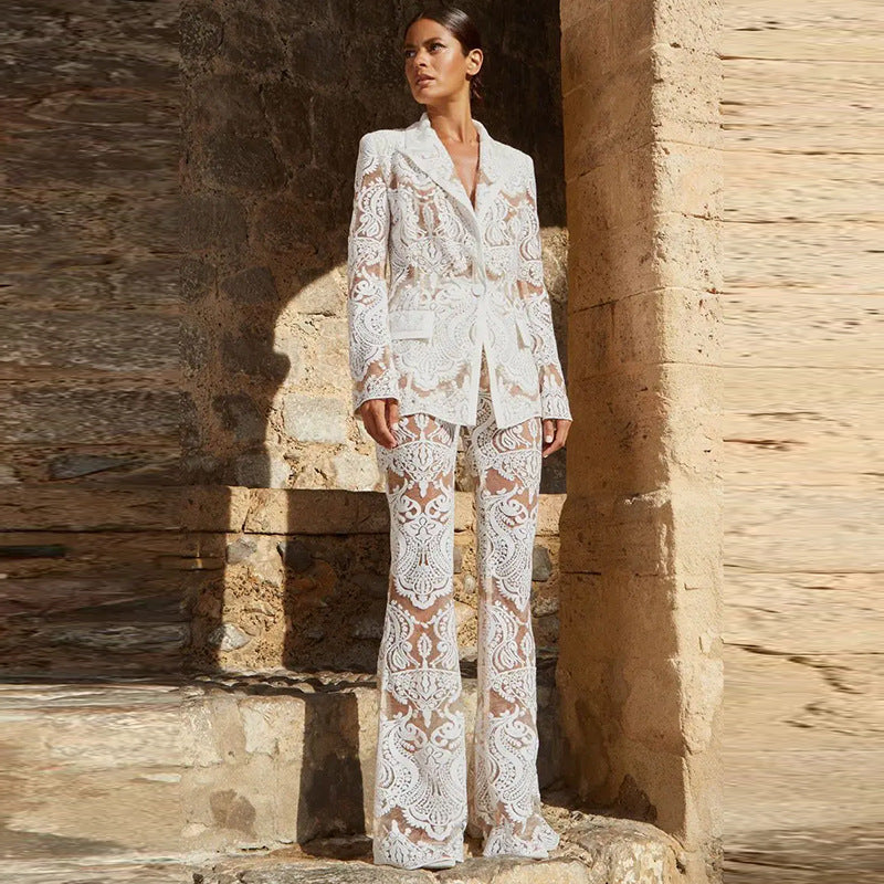 Kanten blazers set hoge taille wide leg broek