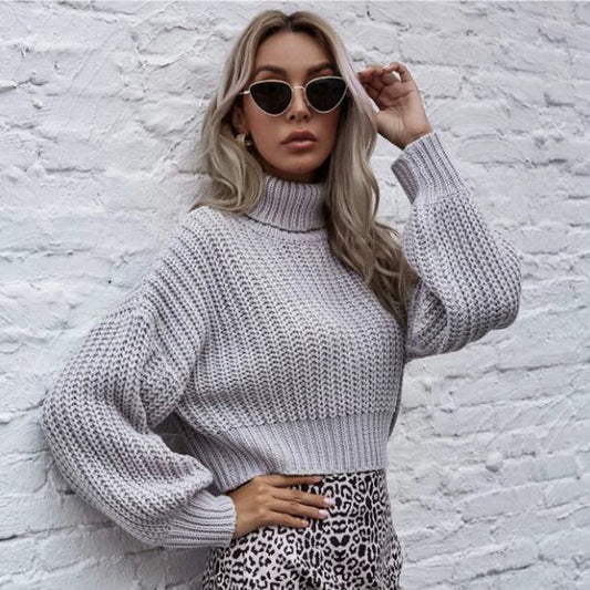 Léa – Cropped wollen dames trui met hoge hals en balloon mouwen