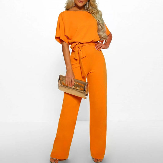 Angeliki– jumpsuit van viscose met V-hals en strikceintuur