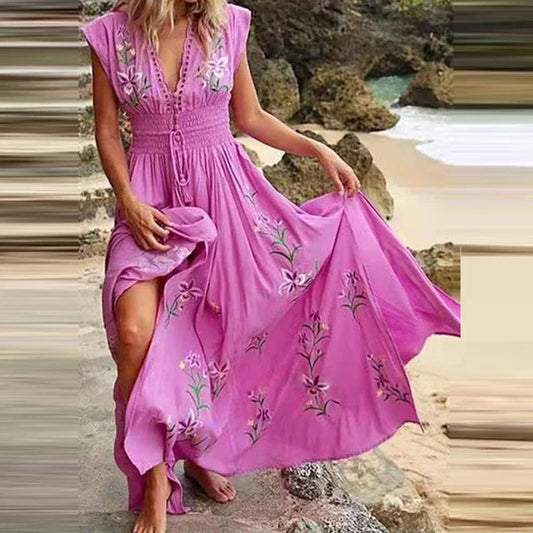 Isla – Boho maxi-jurk met V-hals en bloemenborduursels