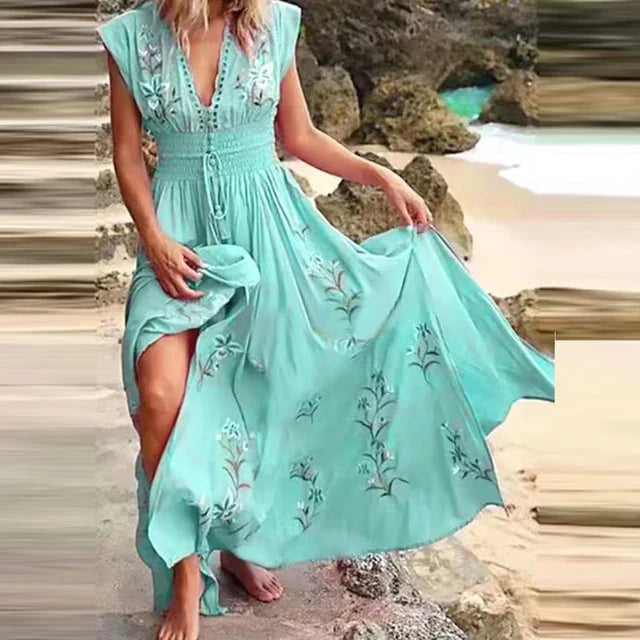 Isla – Boho maxi-jurk met V-hals en bloemenborduursels