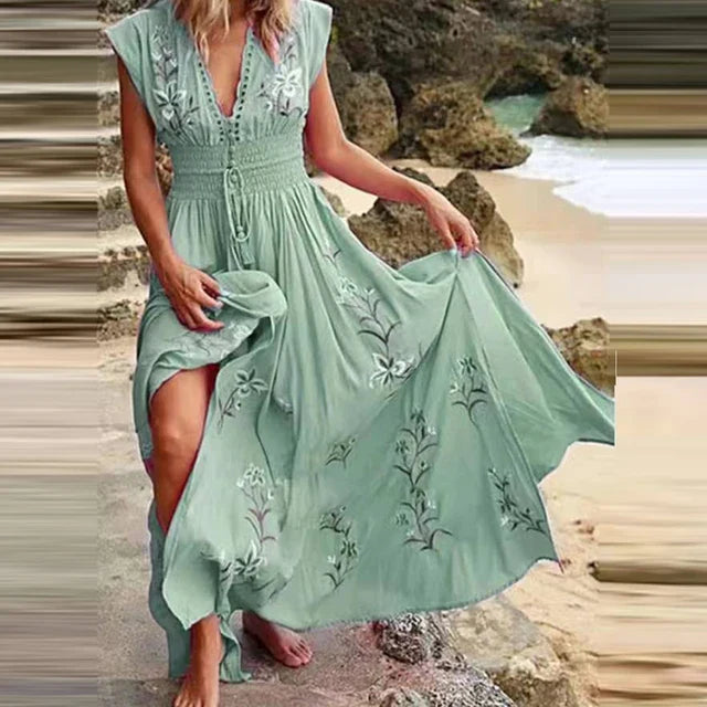 Isla – Boho maxi-jurk met V-hals en bloemenborduursels